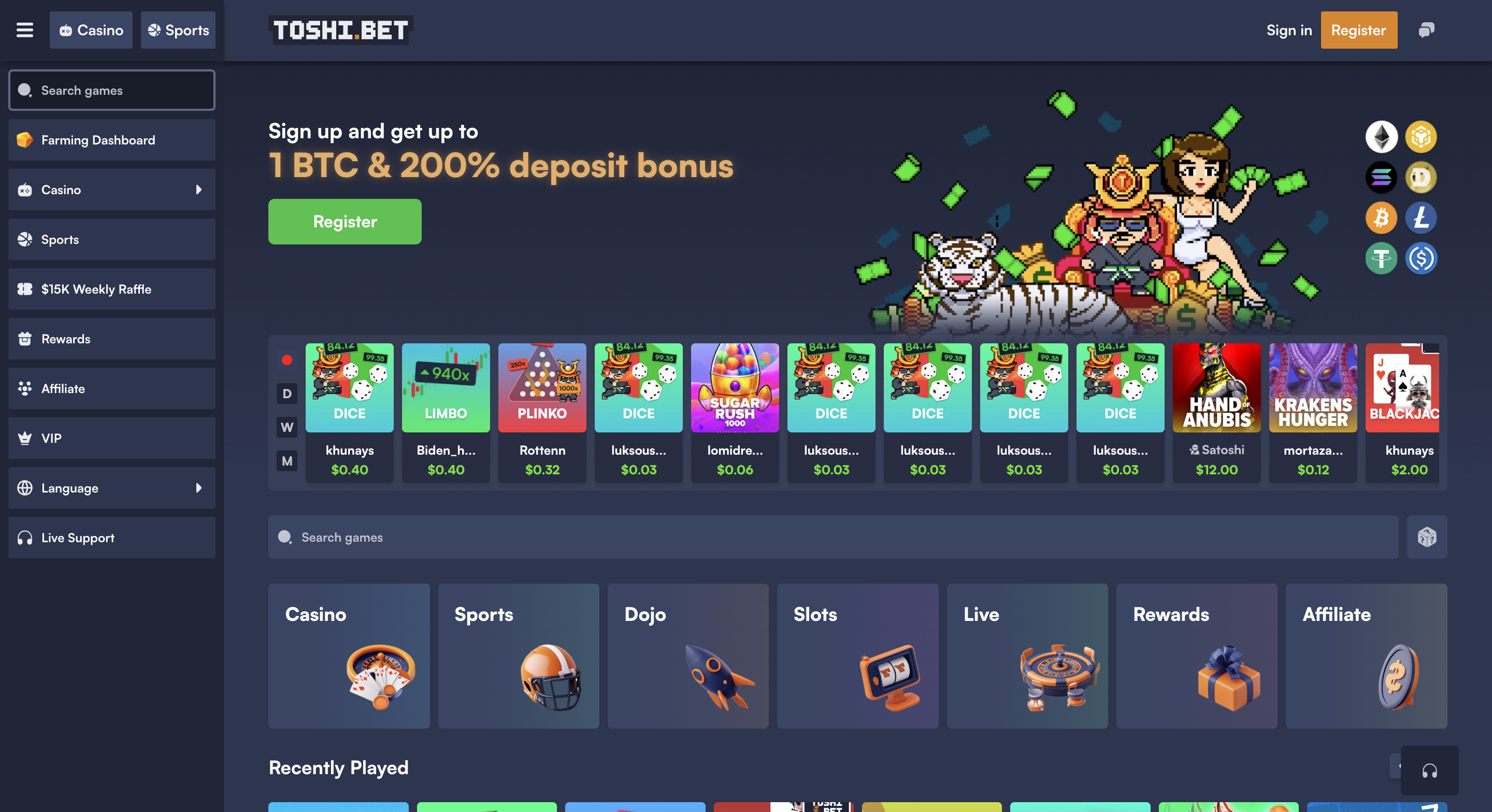 ToshiBet casino screenshot